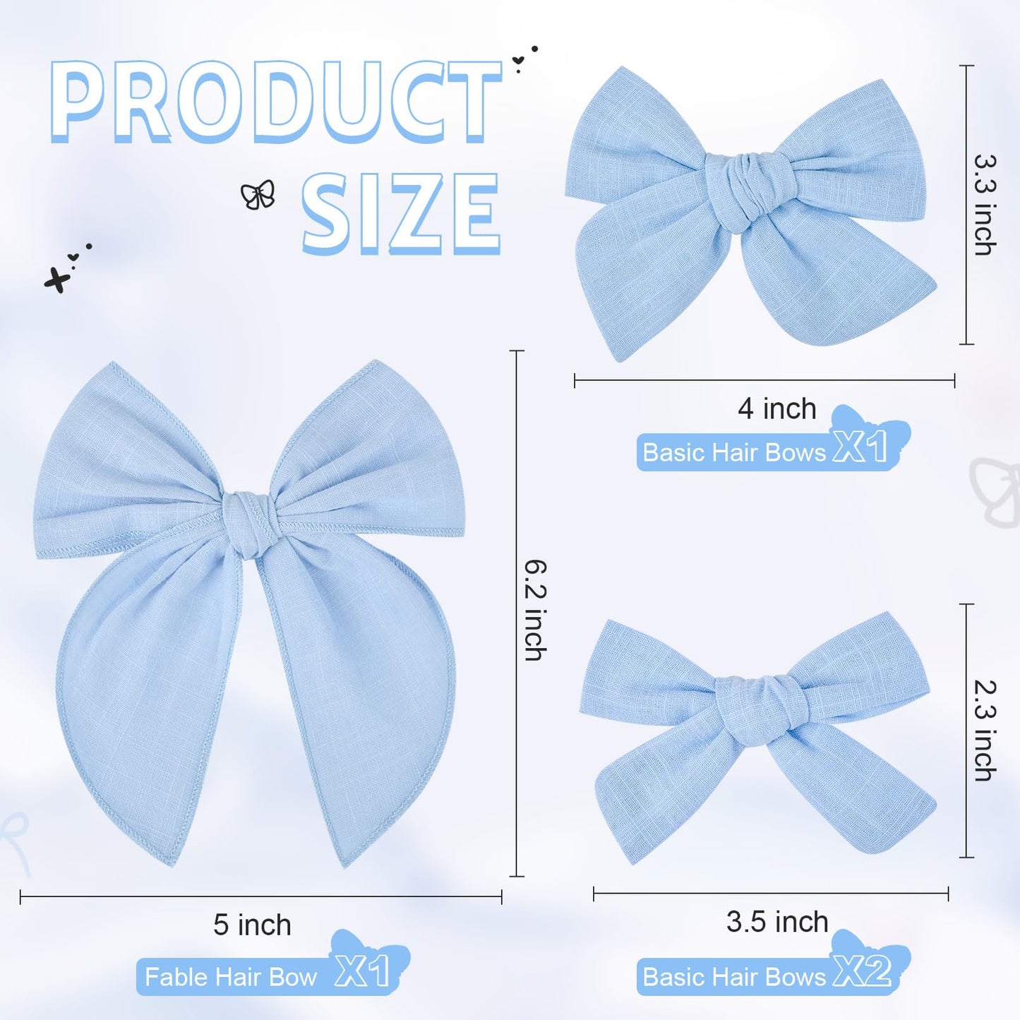 Deeka 4 Pcs Blue Cotton Linen Hair Bows 3 Styles 5' & 4' Handmade Hair Bow Set For Toddler Girls Alligator Hair Clips Knot Bow
