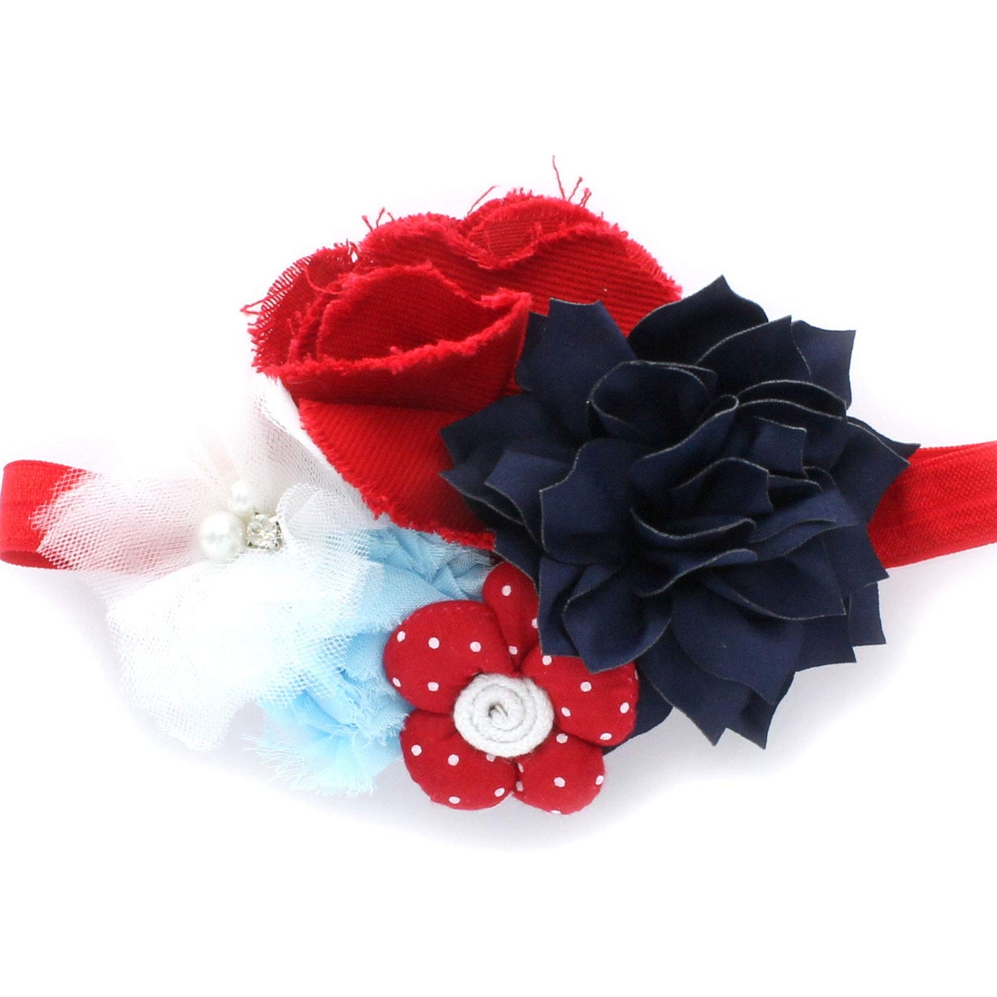 My Lello Baby Headband Shabby Fabric Flower Cluster Stretchy Elastic Red White Blue