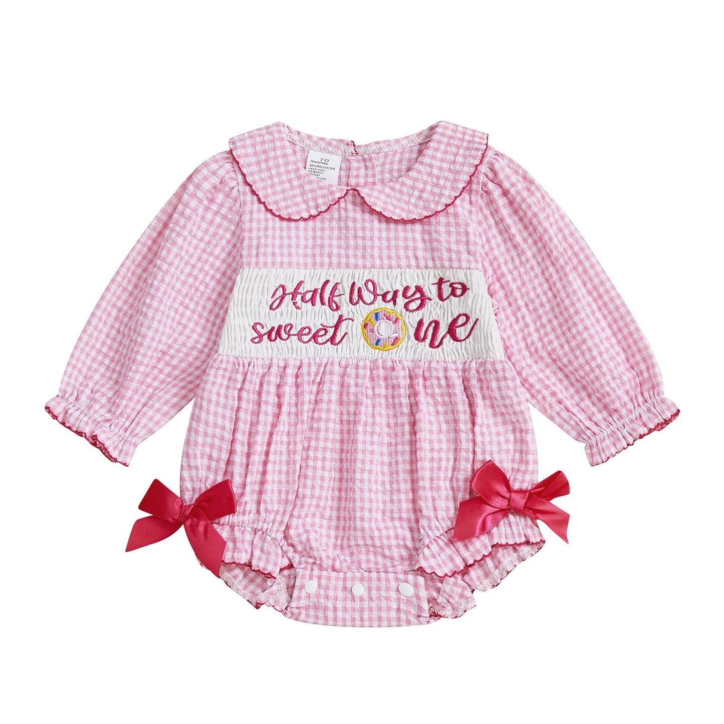 Half Birthday Outfit Baby Girl Half Way to Sweet ONE Donuts Long Sleeve Romper Smocked Bubble Clothes Cake Smash (Pink, 3-6 Mont