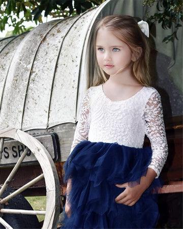 2Bunnies Girl Peony Lace Back A-Line Tiered Tutu Tulle Flower Girl Dress (Navy Sleeve Short, 6M)
