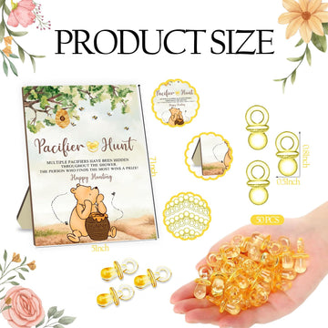 Winnie Pacifier Hunt Sign For Baby Shower Game, 50Pcs Yellow Mini Pacifiers Decor For Baby Shower, The Pooh Baby Shower Party Ga