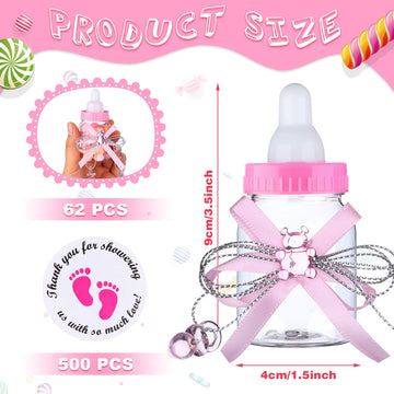 62 Pcs 3.5 Inch Baby Mini Milk Bottle Baby Shower Favor With 500 Adhesive Thank You For Showering Stickers, Small Plastic Bear C