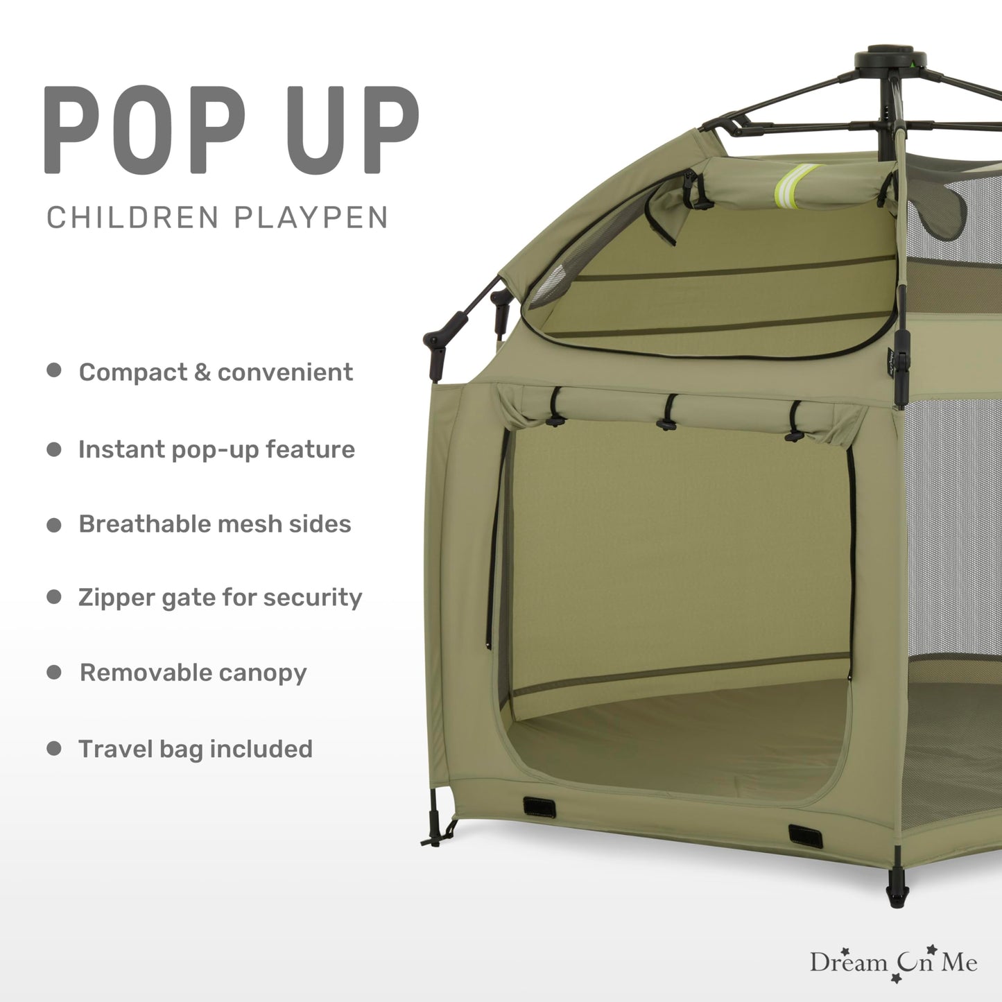 Dream On Me Pop Up Children Playpen In Taupe Green, Easy Set Up For Babies And Toddlers, Breathable Mesh Sides, One Hand Easy Fo
