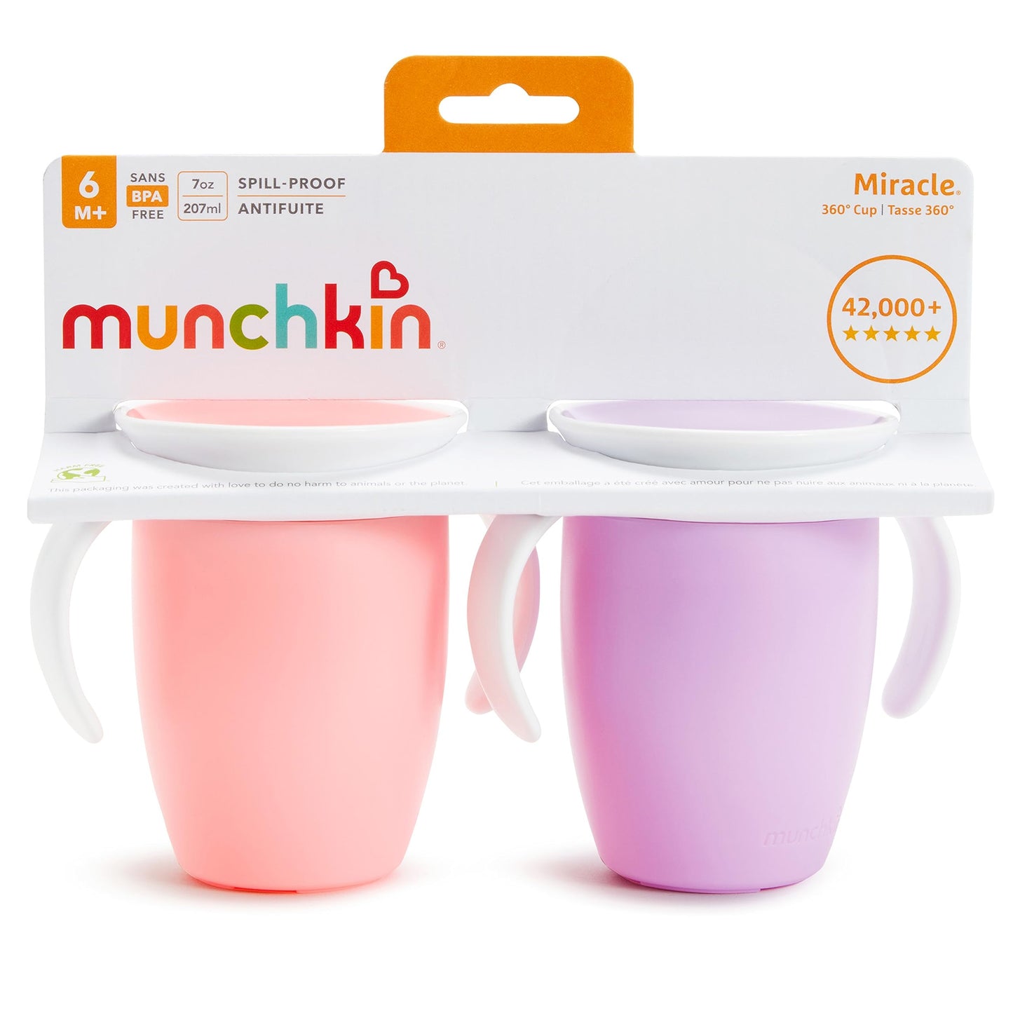 Munchkin Miracle 360 Trainer Sippy Cup With Handles, Spill Proof, 7 Ounce, 2 Pack, Pink/Purple