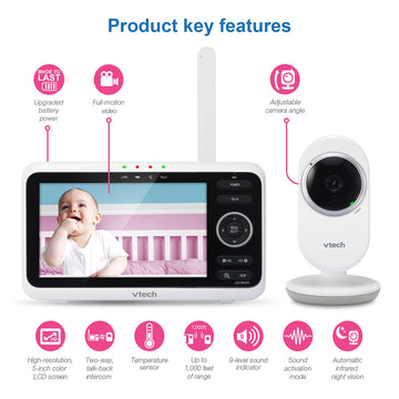 Vtech Vm350 Baby Monitor, 5' Screen, 1000Ft Long Range, Night Vision, 2-Way Talk, Lullabies, Secured Transmission No Wifi