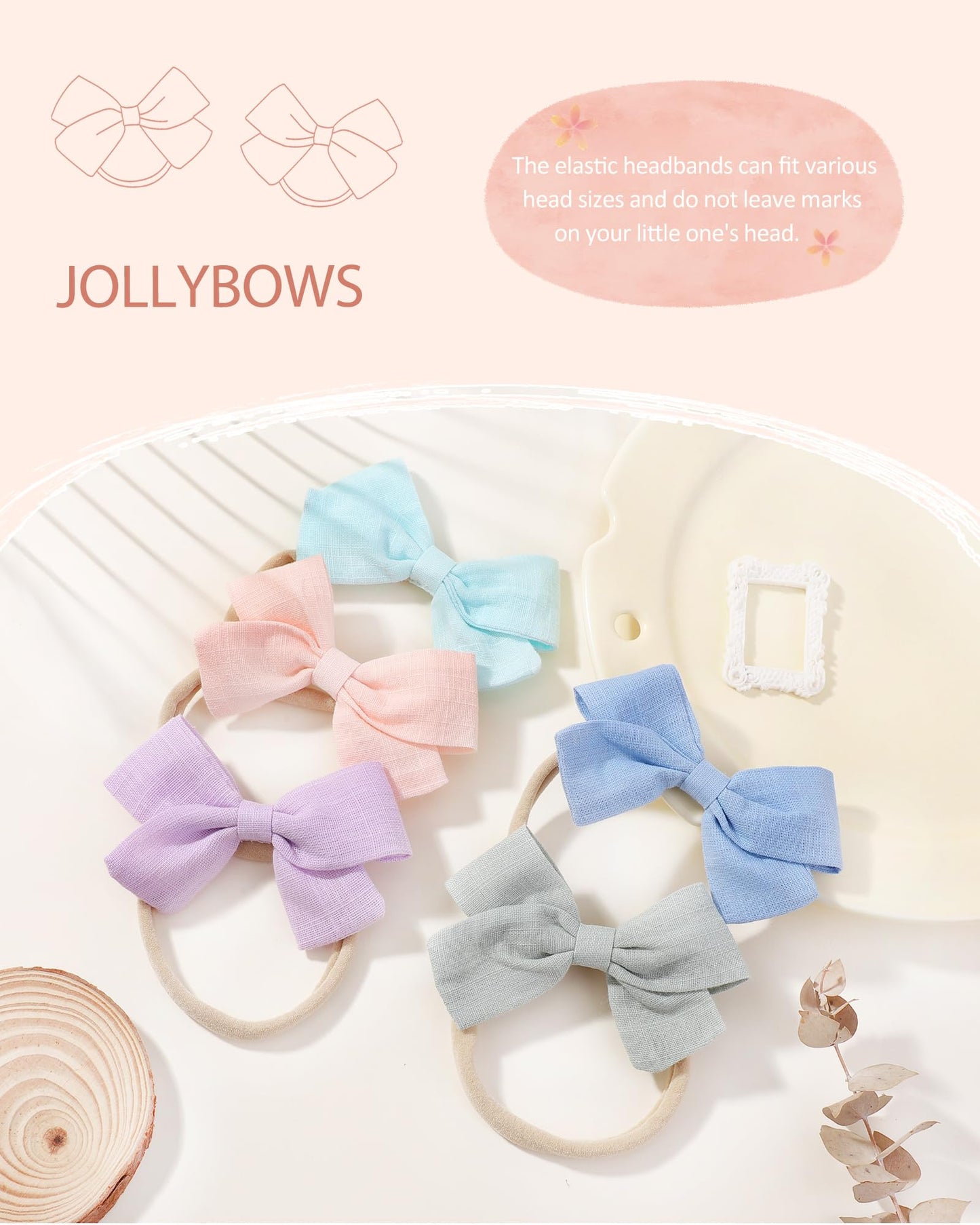 Jollybows 20Pcs Baby Girls Nylon Hair Bows Headbands Linen Bands Elastic Accessories For Baby Girls Infants Preemie And Newborn