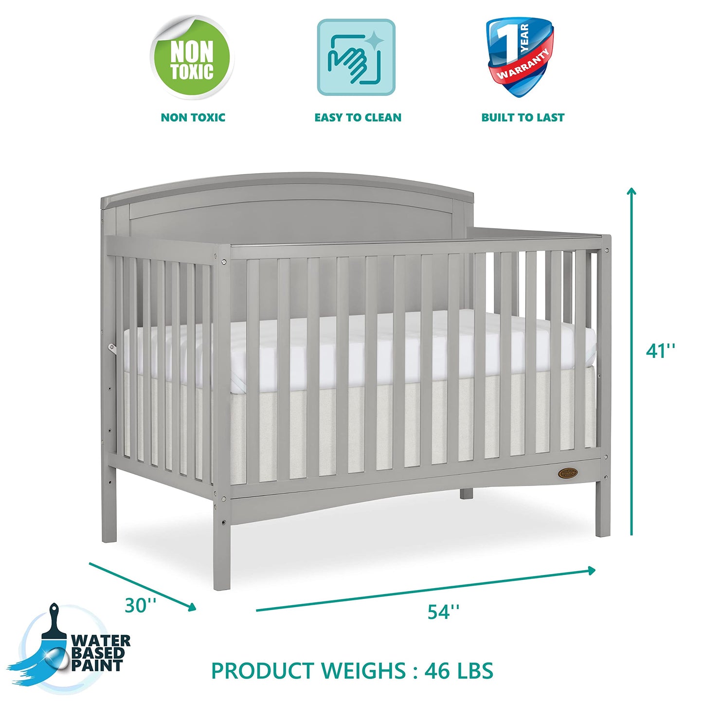 Dream On Me Eden 5-In-1 Convertible Full Panel Crib In Pebble Grey, Jpma Certified, Non-Toxic Finishes, Features 3 Mattress Heig