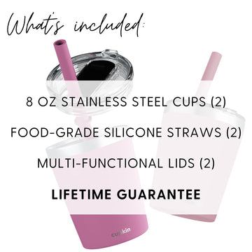 Cupkin Kids Tumblers, The Original 8 Oz Stackable Stainless Steel Kids Cup With Straws, Set Of 2 Powder Coated Insulated Toddler