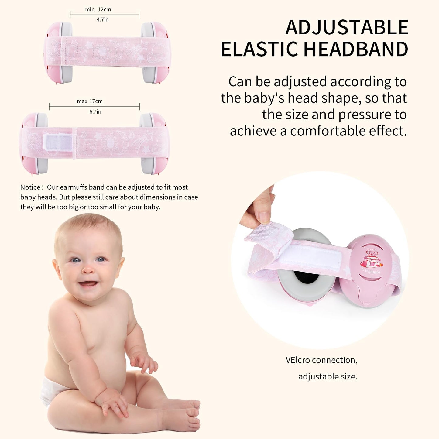 Lysian Pink Baby Ear Muffs Noise Cancelling With Elastic Headband, Baby Headphones Earmuffs For Infant Hearing Protection Sleepi