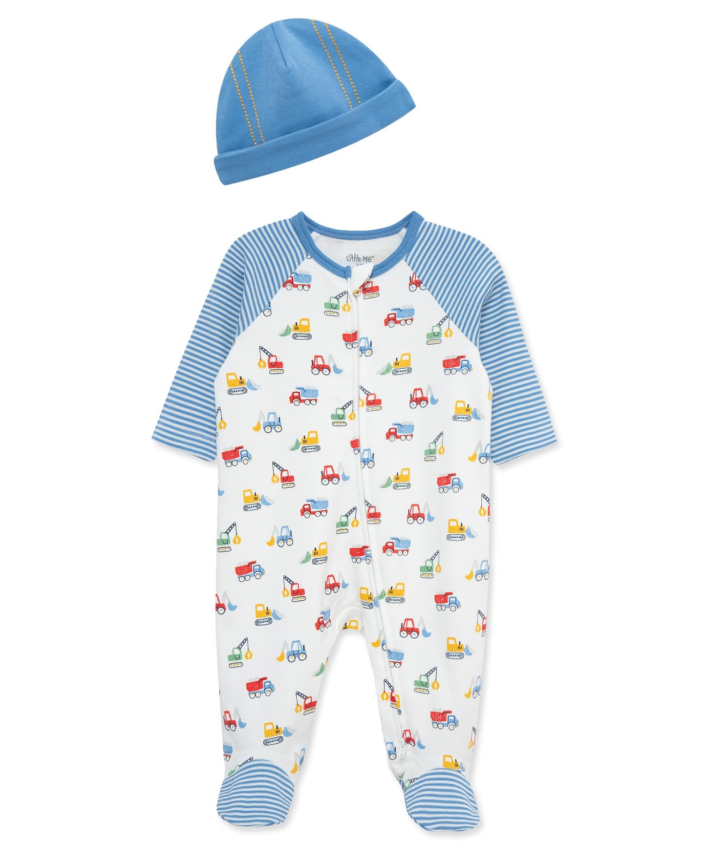 Little Me Clothes for Baby Boys Trucks Footie and Cap Set, Sleeper, Pajamas, Blue Multi, 3 Months