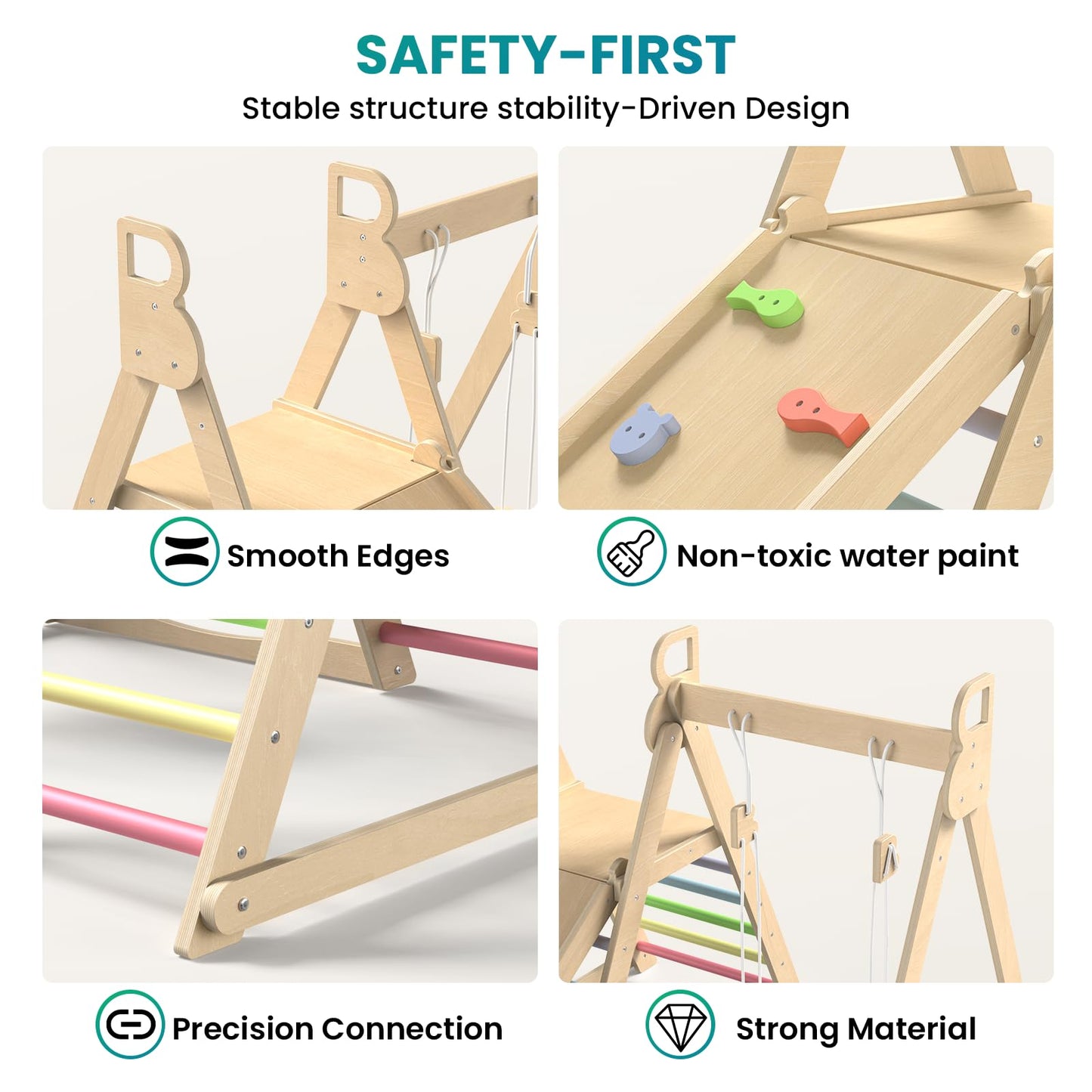 Bluewood 4 In 1 Indoor Jungle Gym, Foldable Wooden Climbing Set With Swing, Slide, Ladder And Climbing Wall, Montessori Philosop