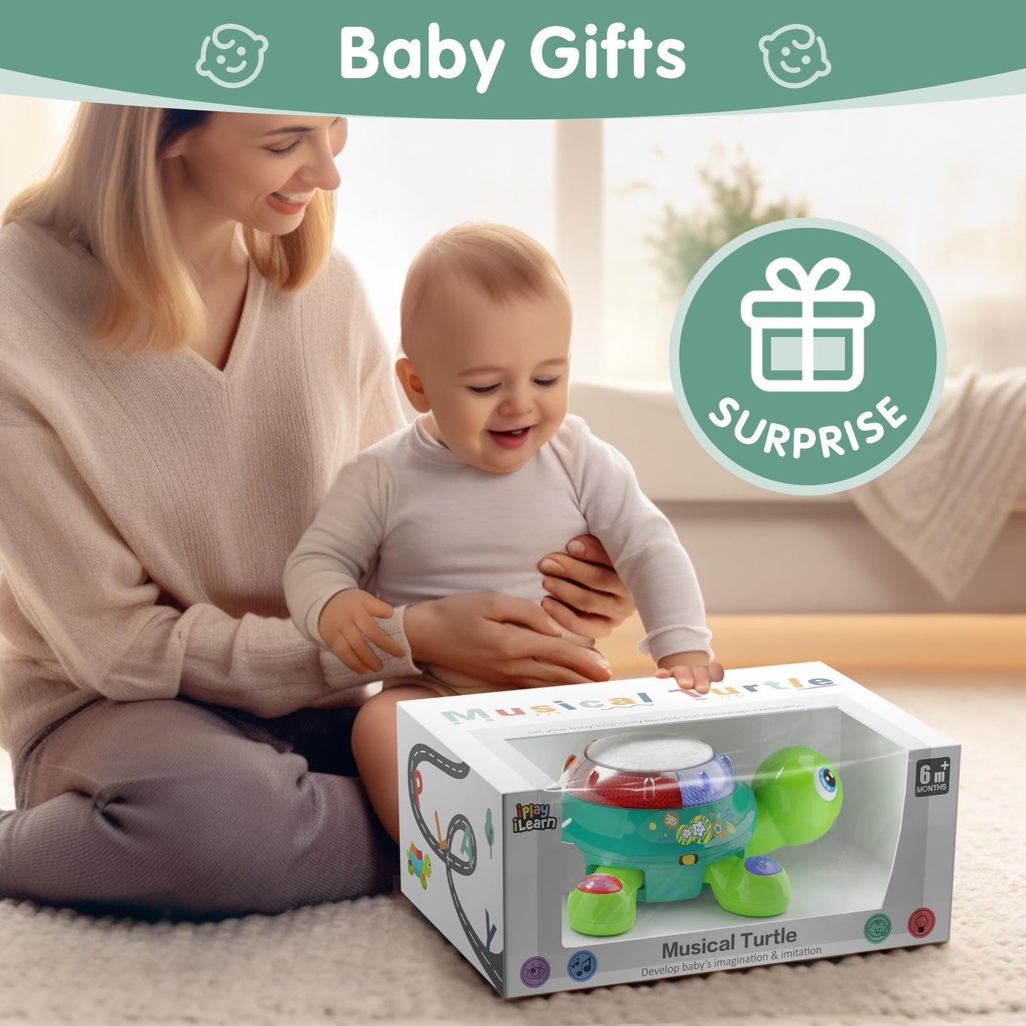 iPlay, iLearn Baby Musical Turtle Toy, Infant Crawling Toys Light Sound, Toddler Spanish English Bilingual Learning Educational,