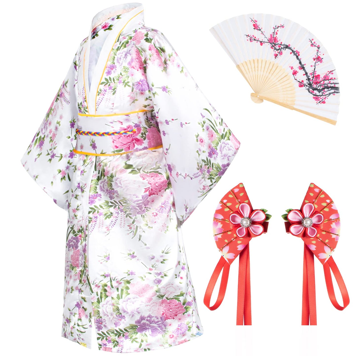 Elibelle Japanese Traditional Dress Kimono Robe For Kids Girls Costume Silk Folding Fans Hairstick Set(White150Cm)