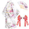 Elibelle Japanese Traditional Dress Kimono Robe For Kids Girls Costume Silk Folding Fans Hairstick Set(White140Cm)