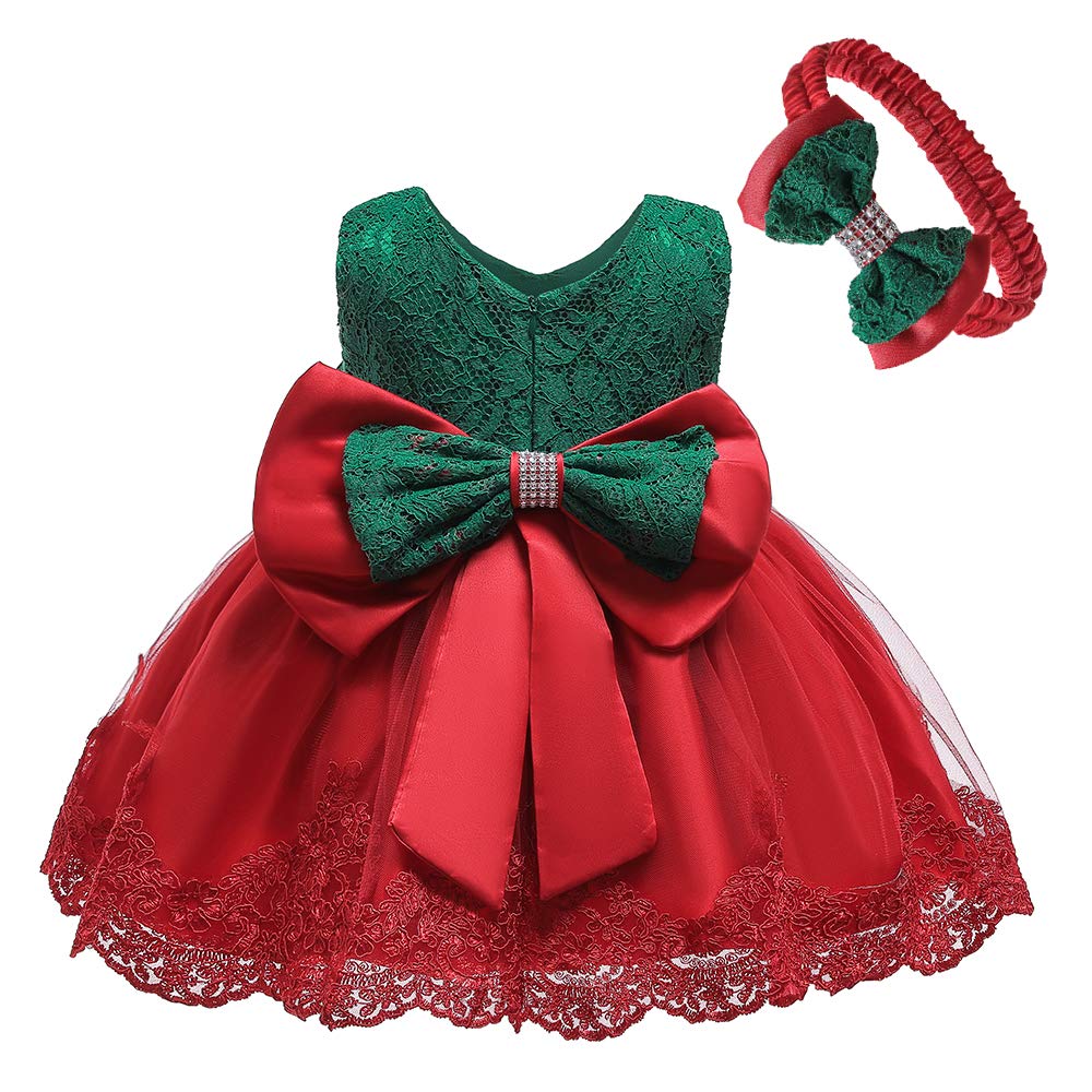 Toddler Girl Christmas Easter Dress Infant Toddler Birthday Pageant Party Lace Formal Prom Dresses(Red Green,90)