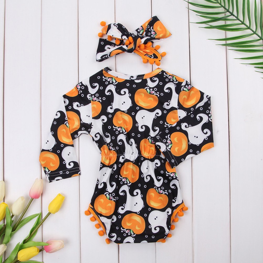 Bulingna Cute Infant Newborn Baby Girl Long Sleeve Pumpkin Bodysuit Pompom Romper Halloween Outfit With Headband (Black, 12-24 M