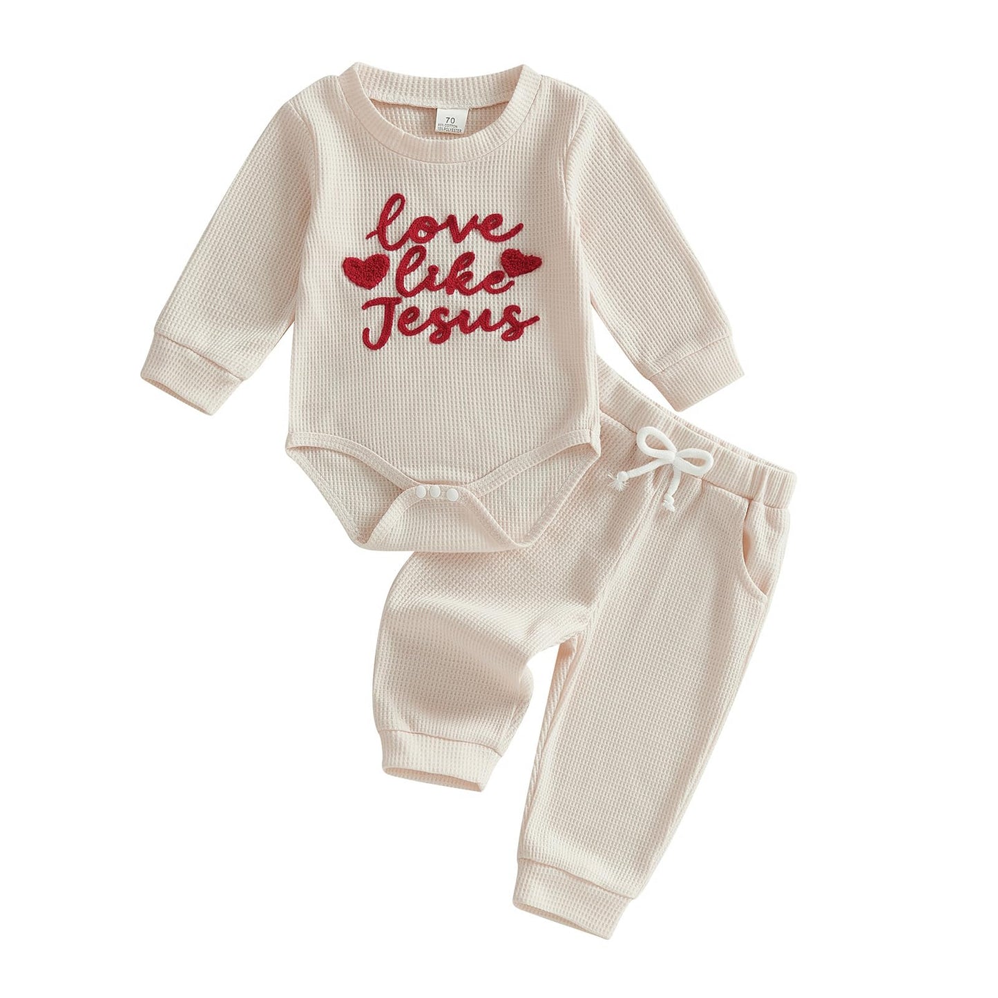 Douhoow Baby Valentines Day Outfit Infant Boy Girl My 1st Valentines Embroidered Waffle Baby Sweatshirt Romper Pants Set (Beige