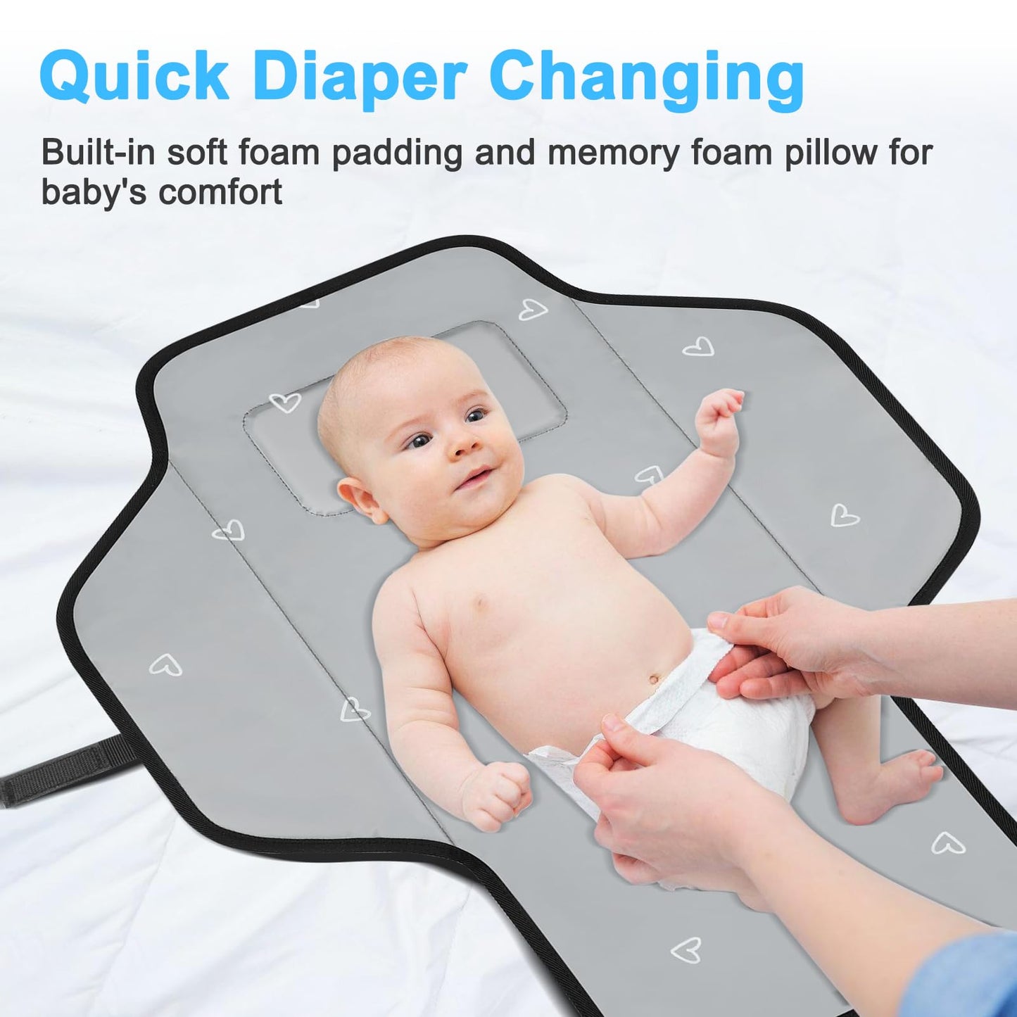 Baby Portable Changing Pad Travel - Waterproof Compact Diaper Changing Mat With Built-In Pillow - Lightweight & Foldable Changin