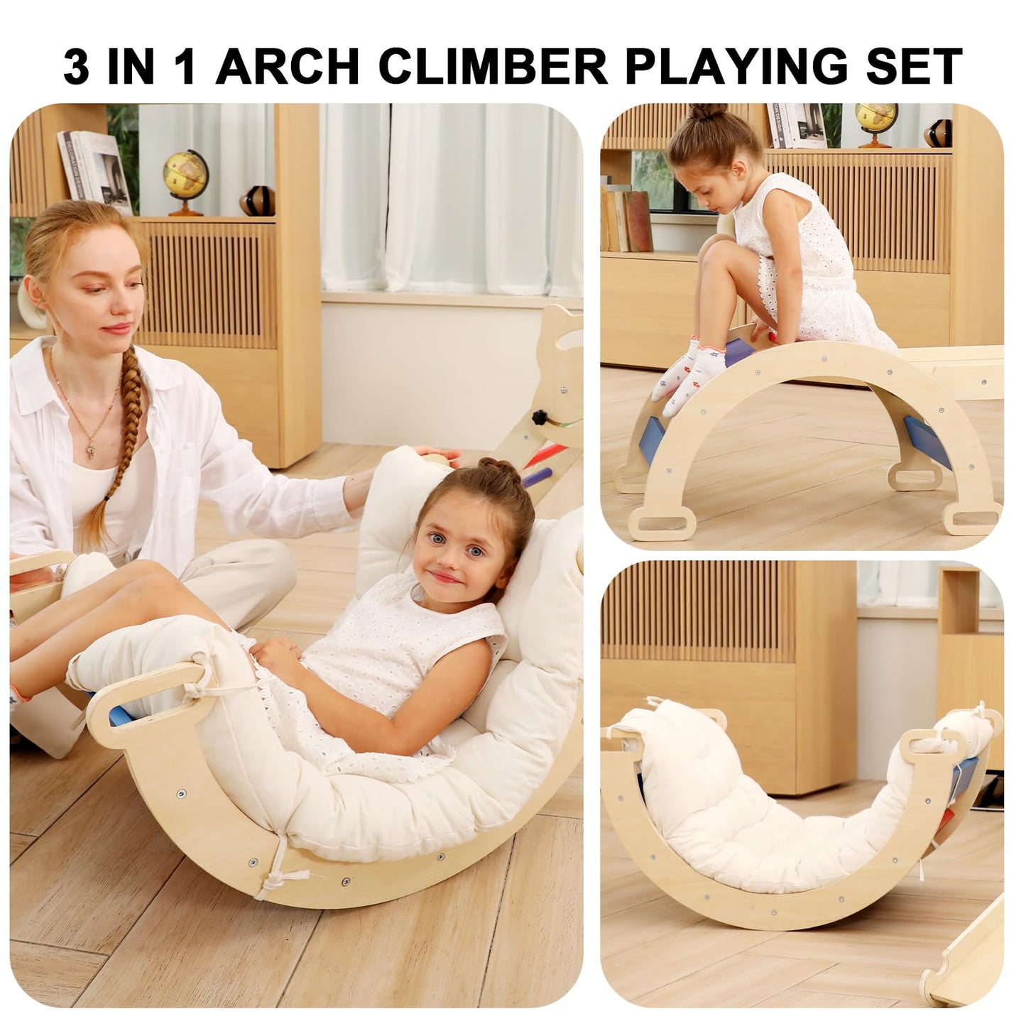 Ymonlia 2 In 1 Montessori Climbing Arch For Toddlers,Rainbow Wooden Climbing Arch Rocker& Cushion,Climbing Triangle Ramp,Montess