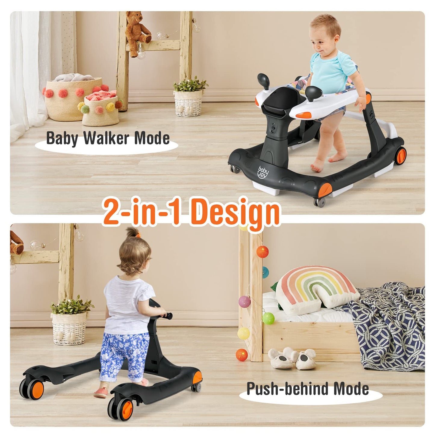Baby Joy 2 In 1 Baby Walker, Foldable Activity Walker With Adjustable Height & Speed, Music, Lights, Mirrors, Padded Seat Cushio