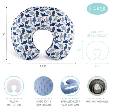 The Peanutshell Nursing Pillow Cover Set For Baby Boys Or Girls | Dinosaur & Navy Blue Minky Dot | Unisex 2 Pack