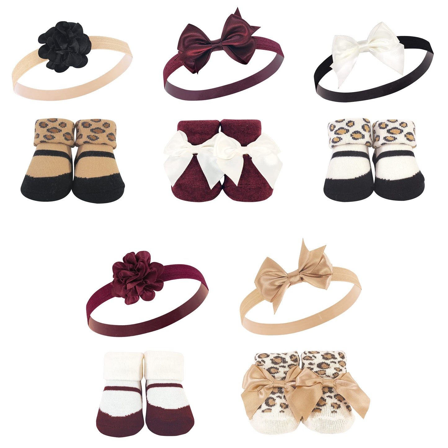 Hudson Baby Infant Girl Headband And Socks Giftset Burgundy Leopard 10-Pack, One Size