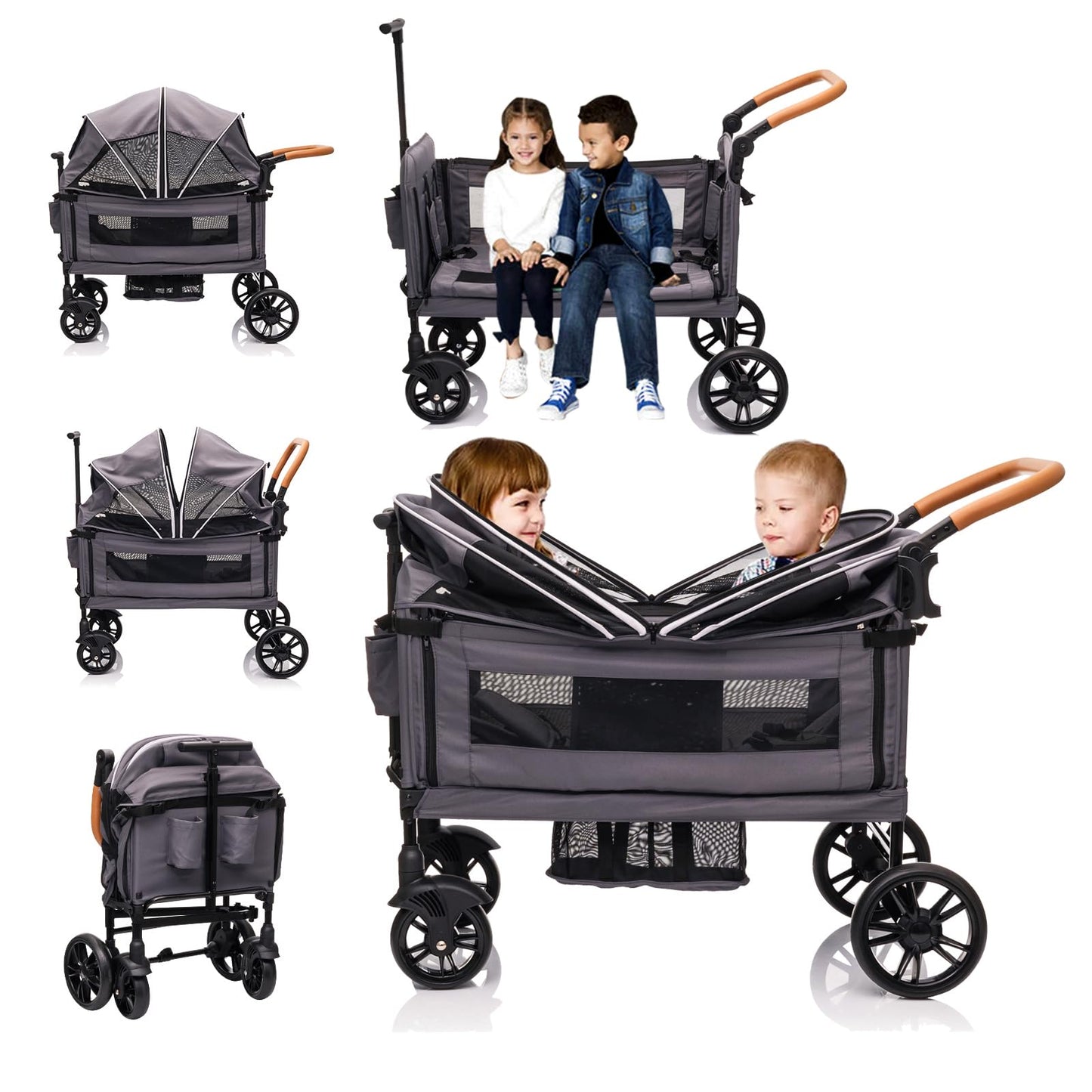 Wagon Stroller for 2 Kids & Cargo-Push-Pull Double Baby Wagon Lightweight Travel Folding Stroller for Toddler with 5-Point Harne