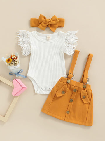 Infant Girls Summer 3Pcs Outfit Sets Ruffle Short Sleeve Ribbed Romper + Suspender Skirt + Headband (A-Yellow, 12-18 Months)