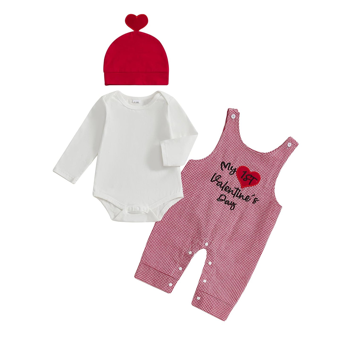 BeQeuewll Newborn Baby Boy Valentines Day Outfit Infant Romper+Plaid Heart Overalls+Hat 3Pcs First Valentines Outfit Boy (1st va
