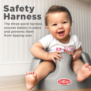 Nuby My Floor Seat, Soft Foam Cushion With Safety Harness And High Back Design, For Ages 4-12 Months, Gray