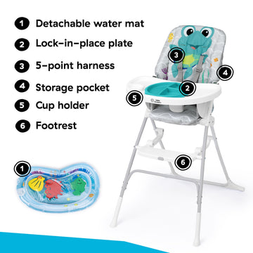 Baby Einstein Ocean Explorers Snack & Splash Compact Folding High Chair, With Water Mat, 5 Point Safety Harness, Ages 6 Months A