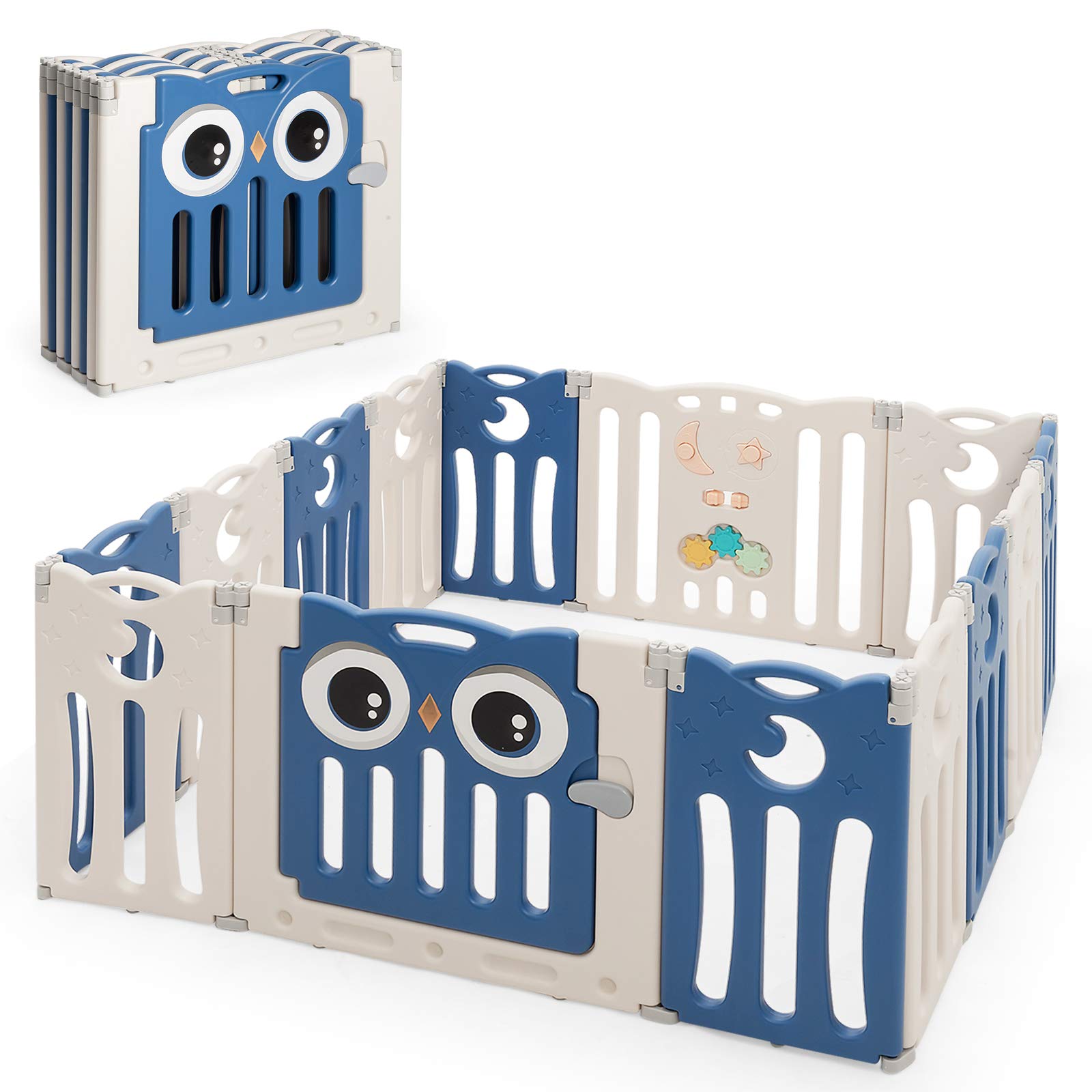 Costzon Foldable Baby Playpen, 14-Panel Baby Fence With Lock Door, Rubber Pads & Anti-Slip Rubber Bases, Indoor Outdoor Safety B