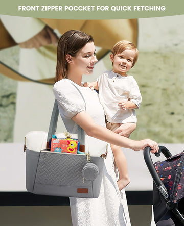 Lovevook Diaper Bag Tote, Large Baby Tote Bag, Travel Diaper Tote For Mom And Dad With Changing Pad And First Aid Bag,Gray/Beige