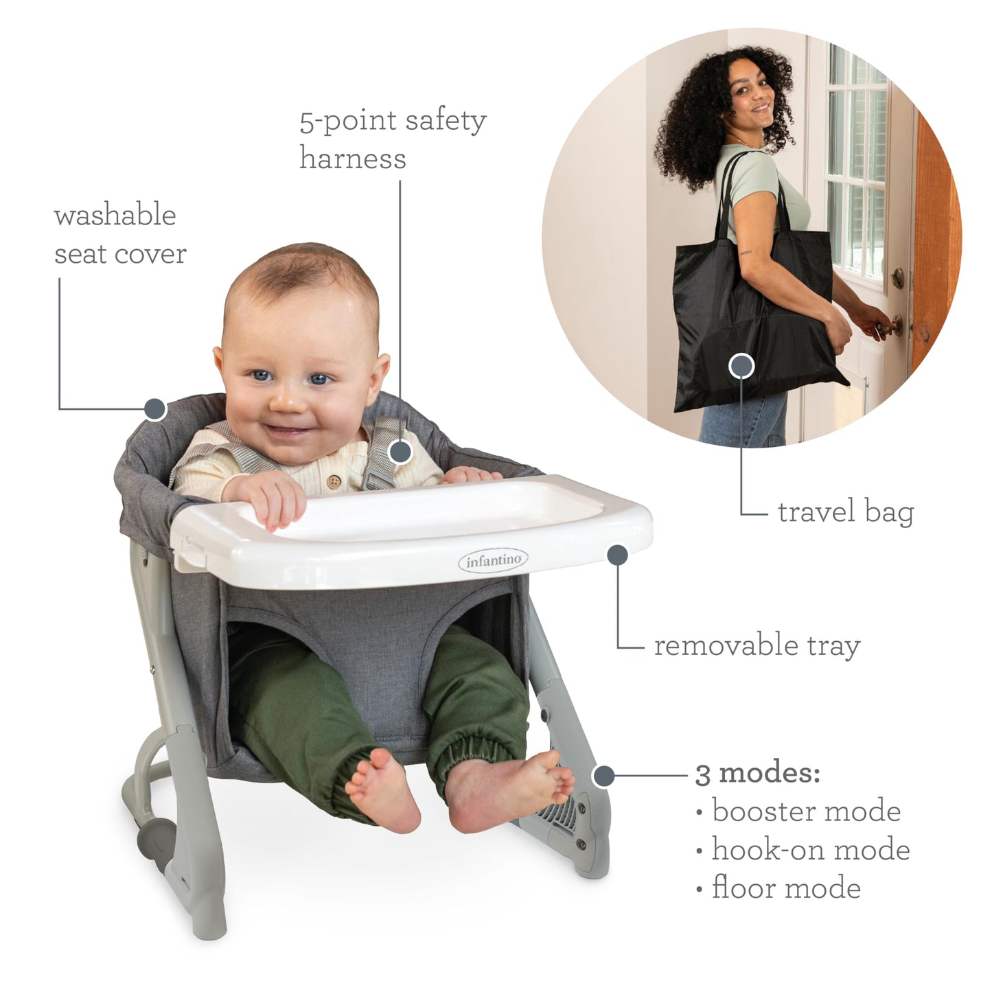 Infantino The Ultimate Travel Booster, Versatile And Travel-Friendly Booster, High Chair And Seat For On-The-Go Families, Gray