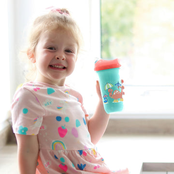 Nuby No Spill Insulated Transition Cup With Soft Rim Spout | 9 Oz/ 270 Ml | 2 Pack: Aqua Animals & White Shapes Or Blue Dinosaur