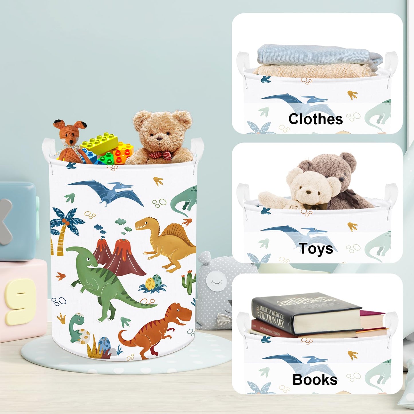 Clastyle 45L Large Boho Dinosaur Boy Book Toy Storage Basket Dino Palm Tree Clothes Laundry Hamper For Kid Room Nursery, Colorfu