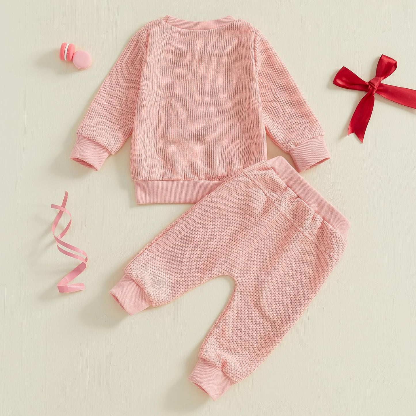 Kupretty Toddler Baby Girl Valentines Day Outfits Heart Waffle Knit Sweatshirts And Pants Set Fall Winter Spring Clothes (Dark P
