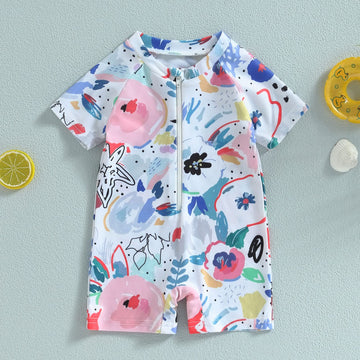 Niceclould Toddler Boy Girl Short Sleeve One Piece Zipper Swimsuit Watercolor Swimwear Romper Jumpsuit Beach Bathing Suit (Us, A