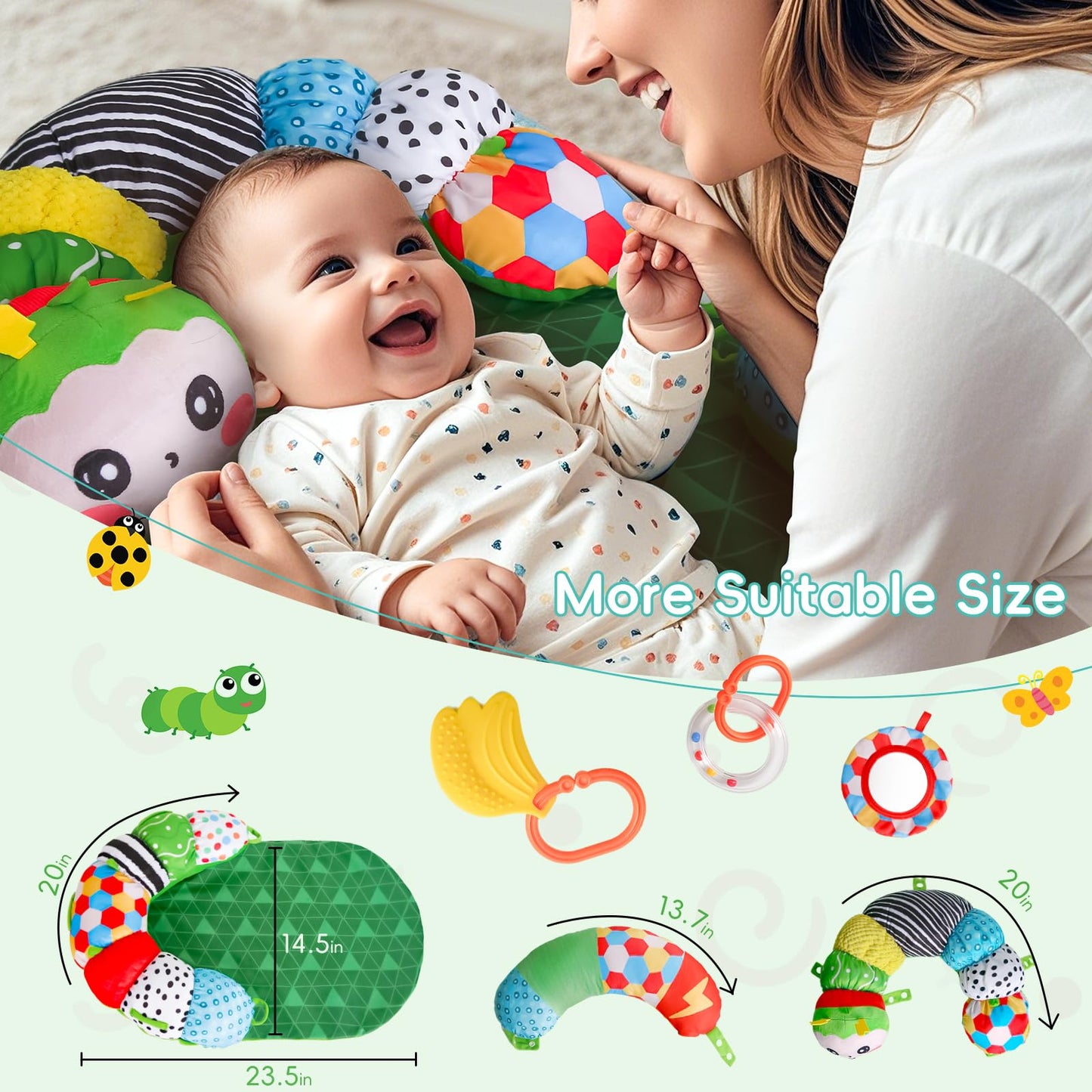 Saimand 3-In-1 Tummy Time Pillow For Baby 0-6 Months, Detachable Caterpillar Tummy Time Playmat For Newborns, Soft Baby Toys 0-3