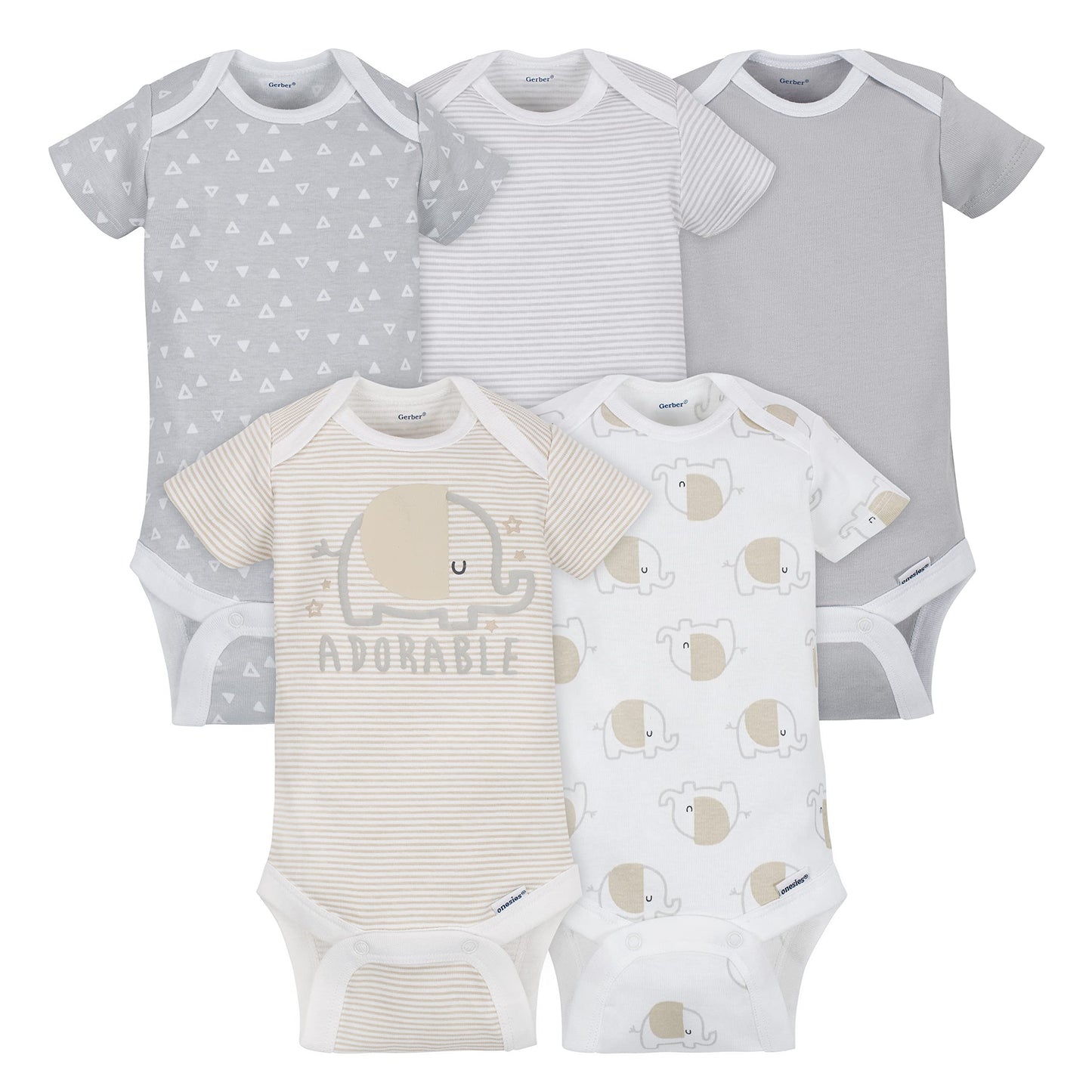 Gerber Unisex Baby 5-Pack Short Sleeve Variety Onesies Bodysuits Elephant 6-9 Months