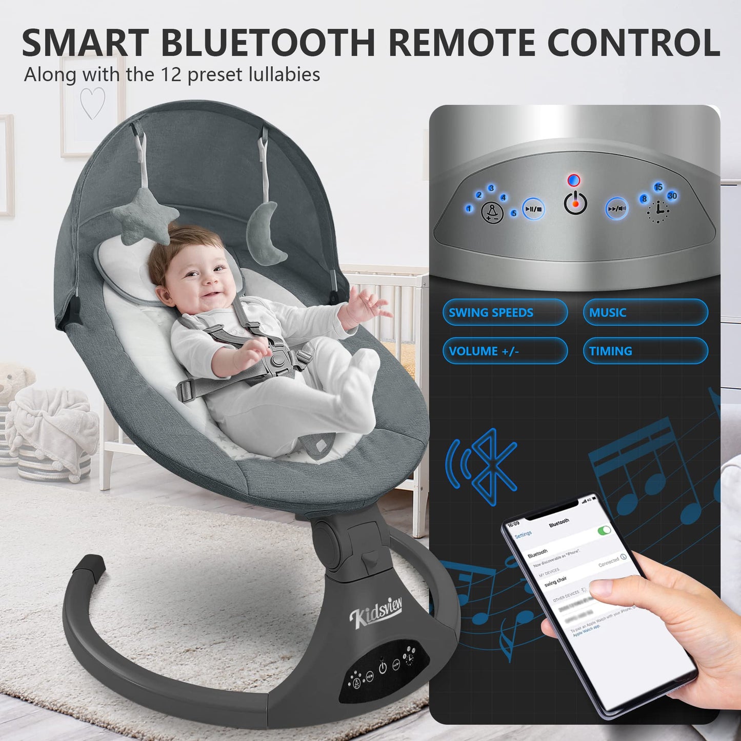 Kidsview Portable 5 Speed Baby Rocker With Music, Remote Control, And Touch Screen For Infants - Suitable For 0-9 Months, 5-20 L