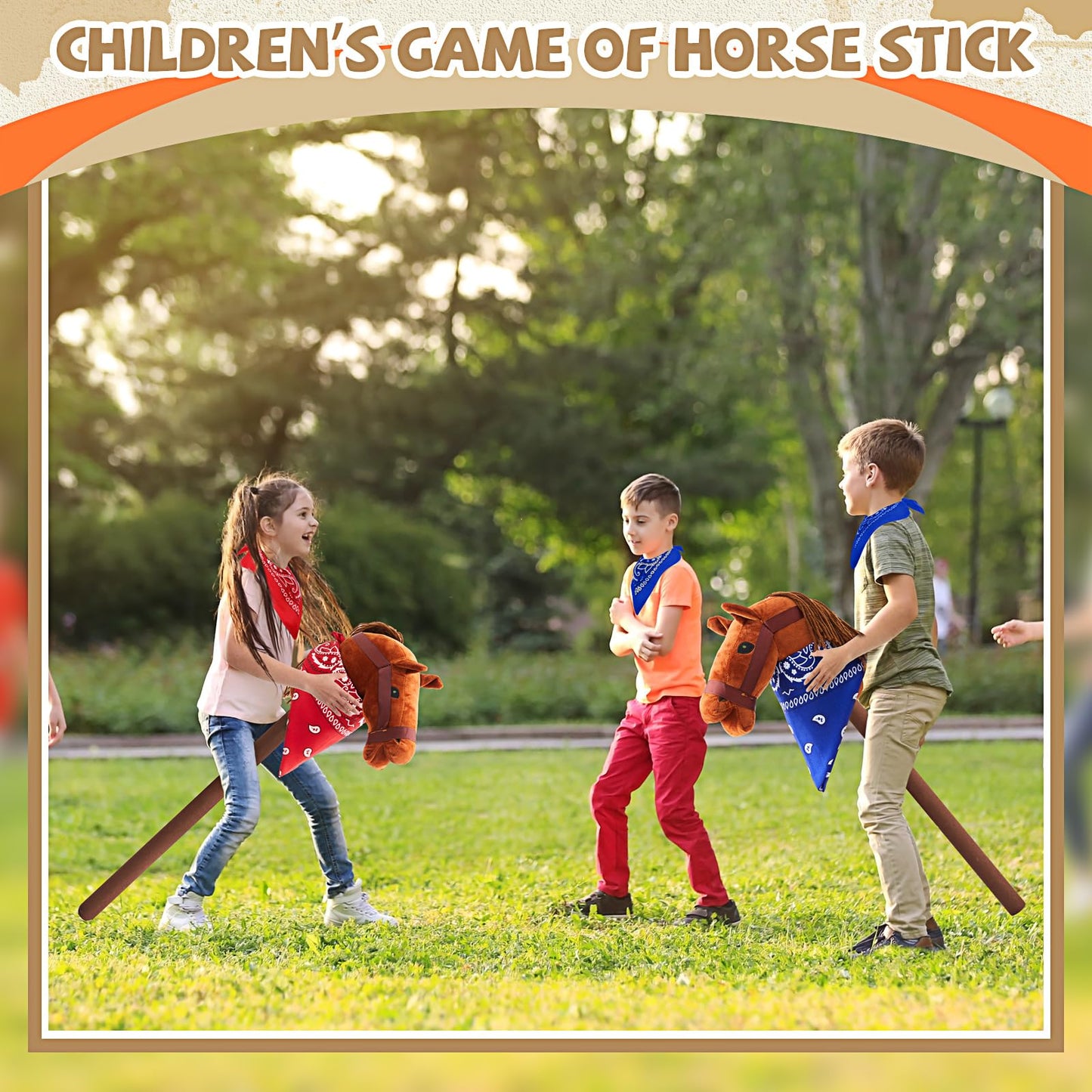 Poen 8 Pcs Light Brown Horse Stick with Sound Red and Blue Bandana Set 27.6 Toys Stick Horse Western Cowboy Bandana Horse Head