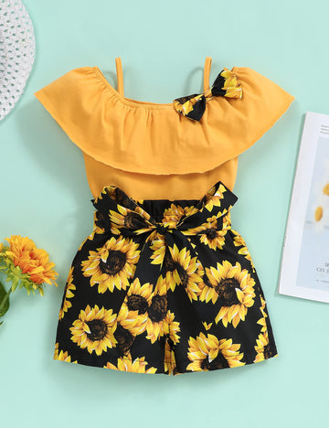 Hipea Toddler Baby Girls Summer Clothes Outfits Ruffle Camisole Casual Tops And Sunflower Shorts 2-Piece Newborn Girl Clothing S