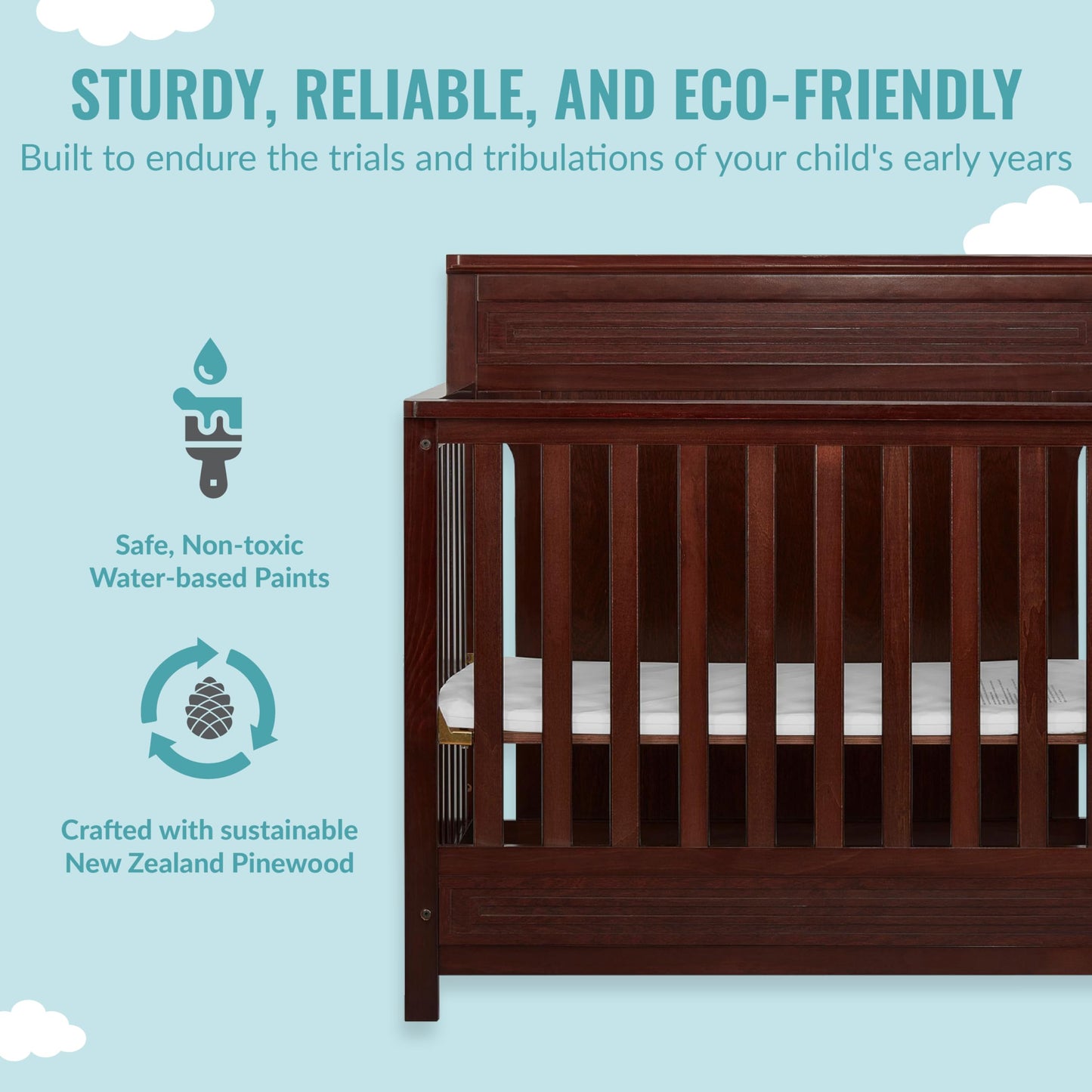 Dream On Me Harbor Full Panel 4-In-1 Convertible Mini Crib In Espresso, Water-Based Paint Finish, Jpma Certified, 3-Position Mat