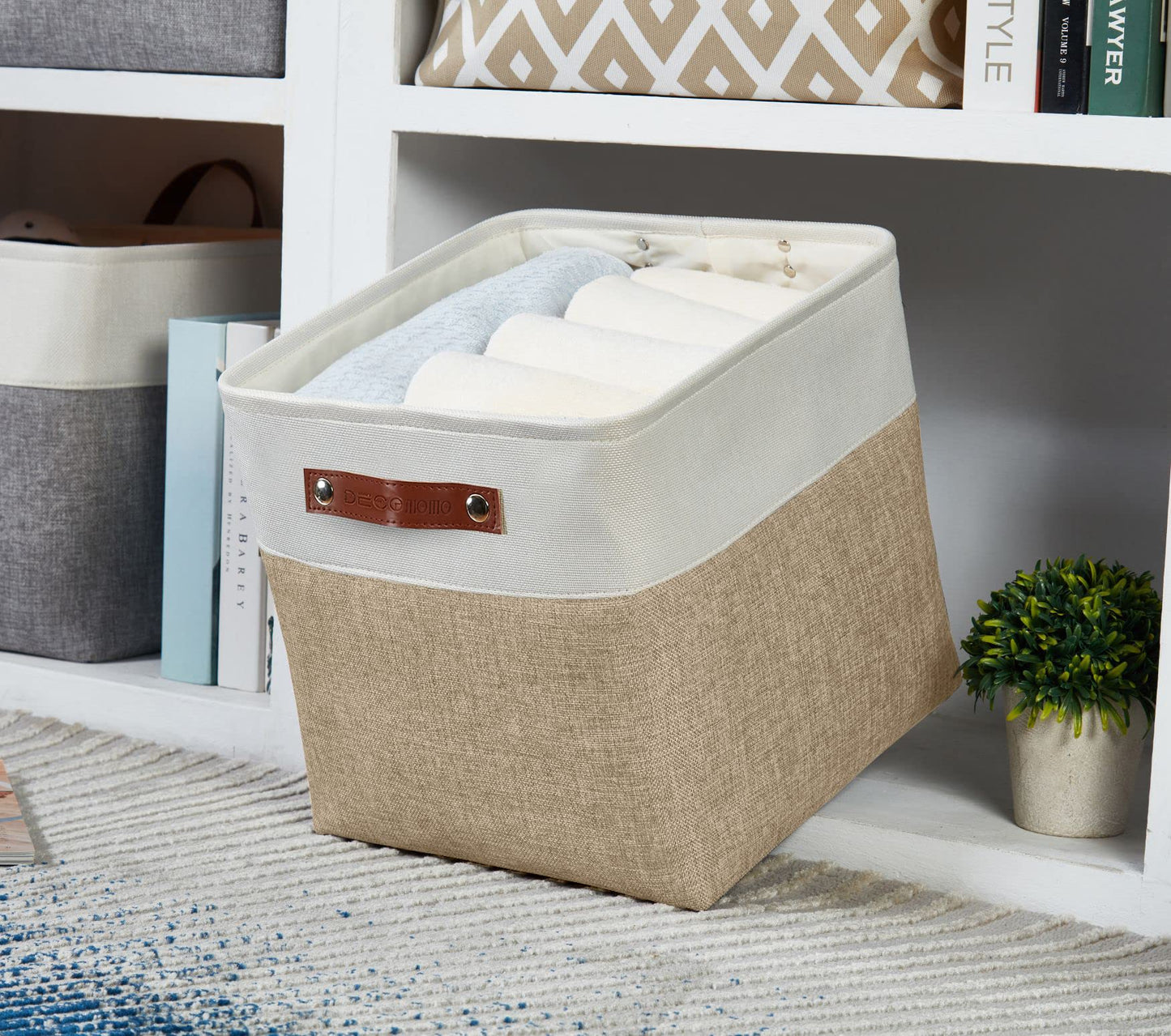 DECOMOMO 13 Inch Cube Storage Bins, Fabric Storage Cube, Basket for Kallax Shelves (Beige & White, Cube 13 - 4 Pack)