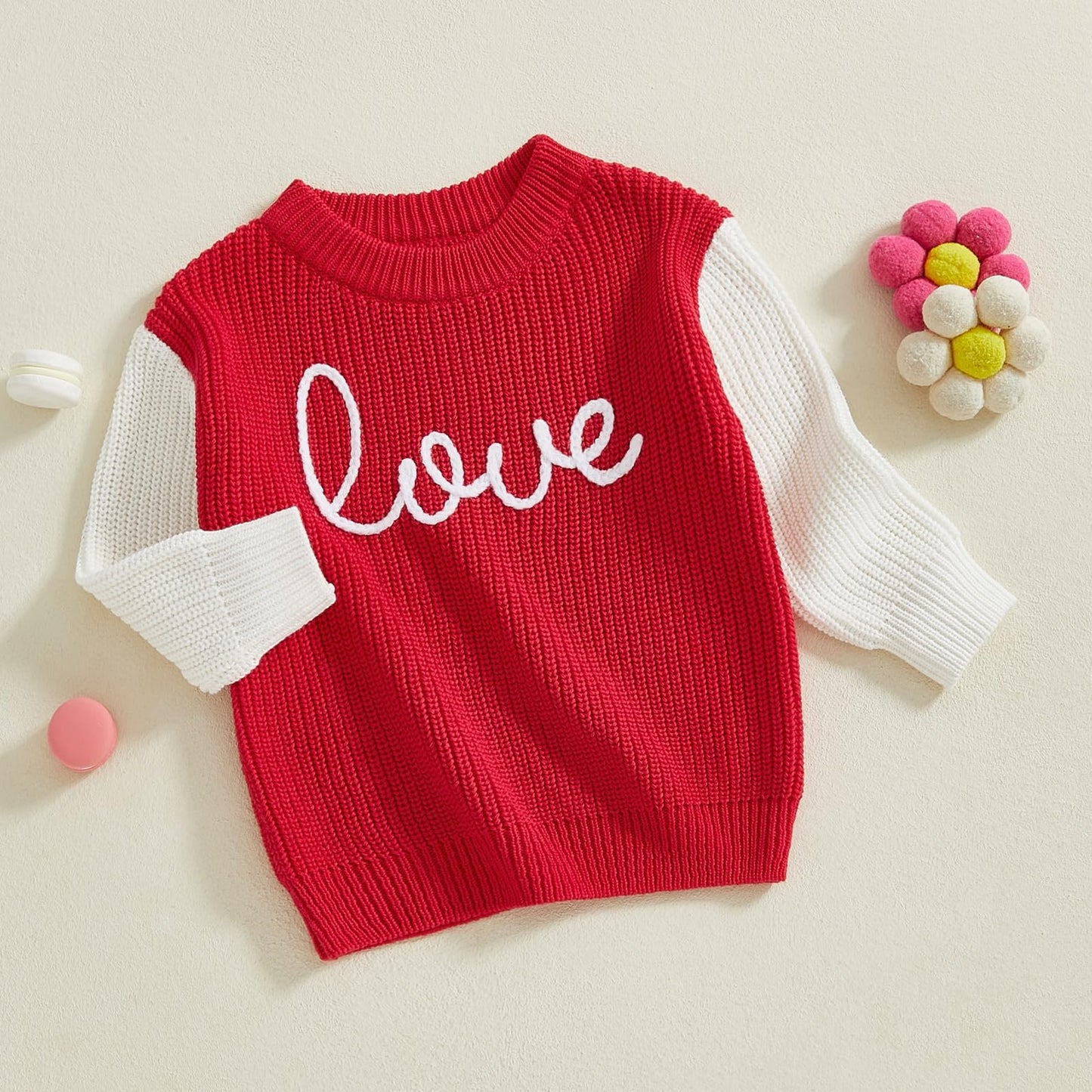 Girls Valentines Day Sweater Toddler Girl Valentines Day Outfit Love Embroidery Knit Pullover Sweatshirt Top(G-Red Love,6-7T)