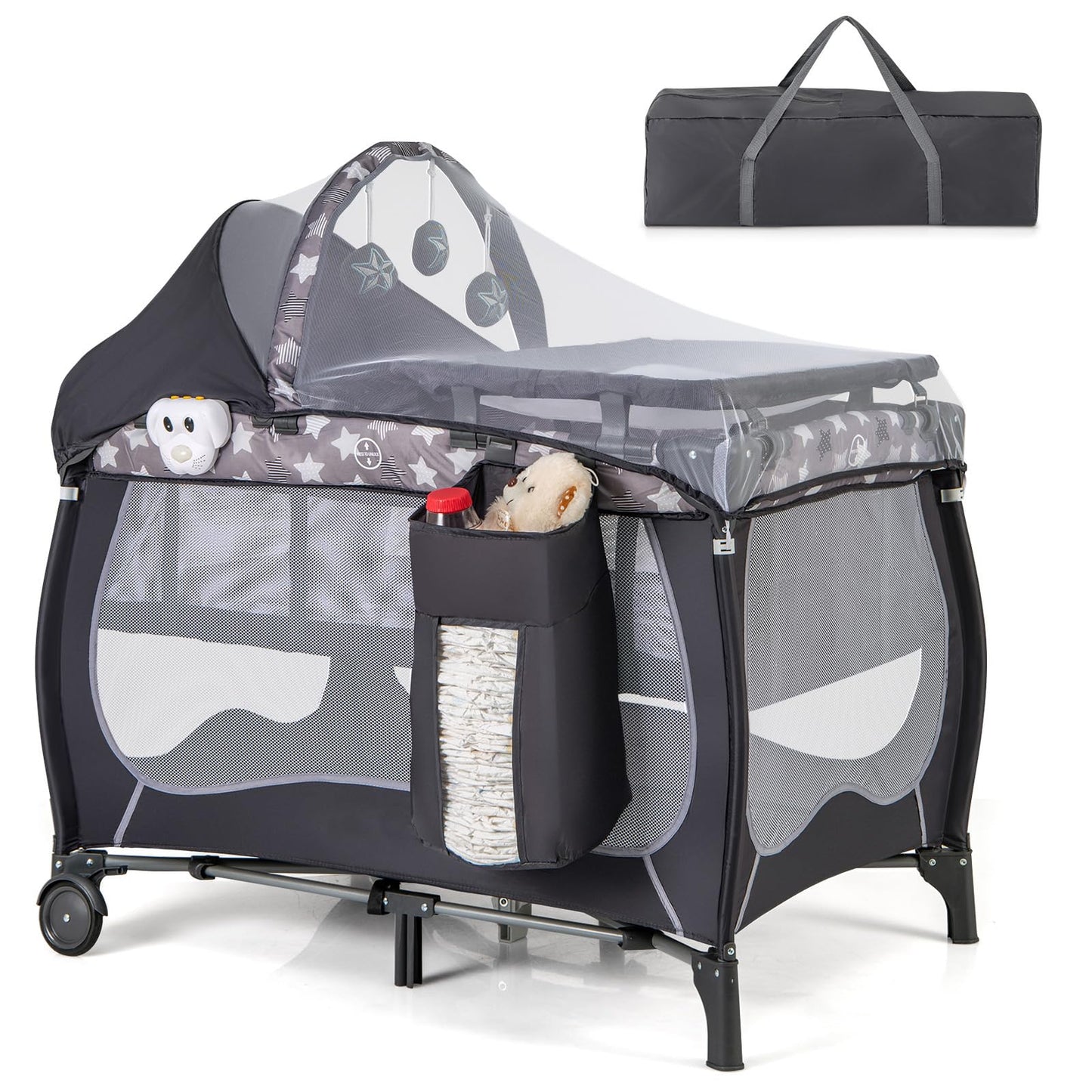 HONEY JOY Pack and Play, 4 in 1 Portable Baby Playard with Bassinet, Changing Table, Lockable Wheels, Music Box, Foldable Travel