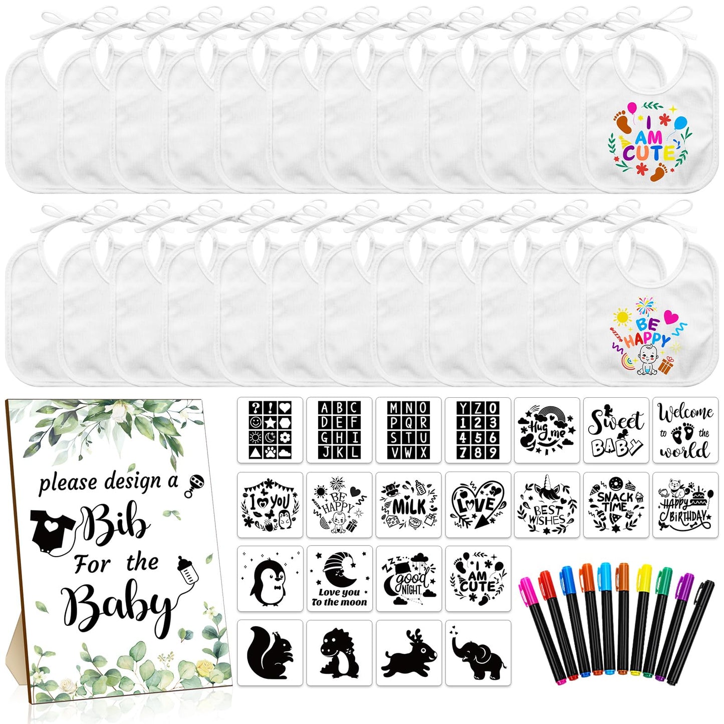 Newwiee 55 Pcs White Bibs for Baby Decorating Design a Bib Decorate Plain newborns Bibs Wooden Sign for Baby Shower Games Kit(Gr