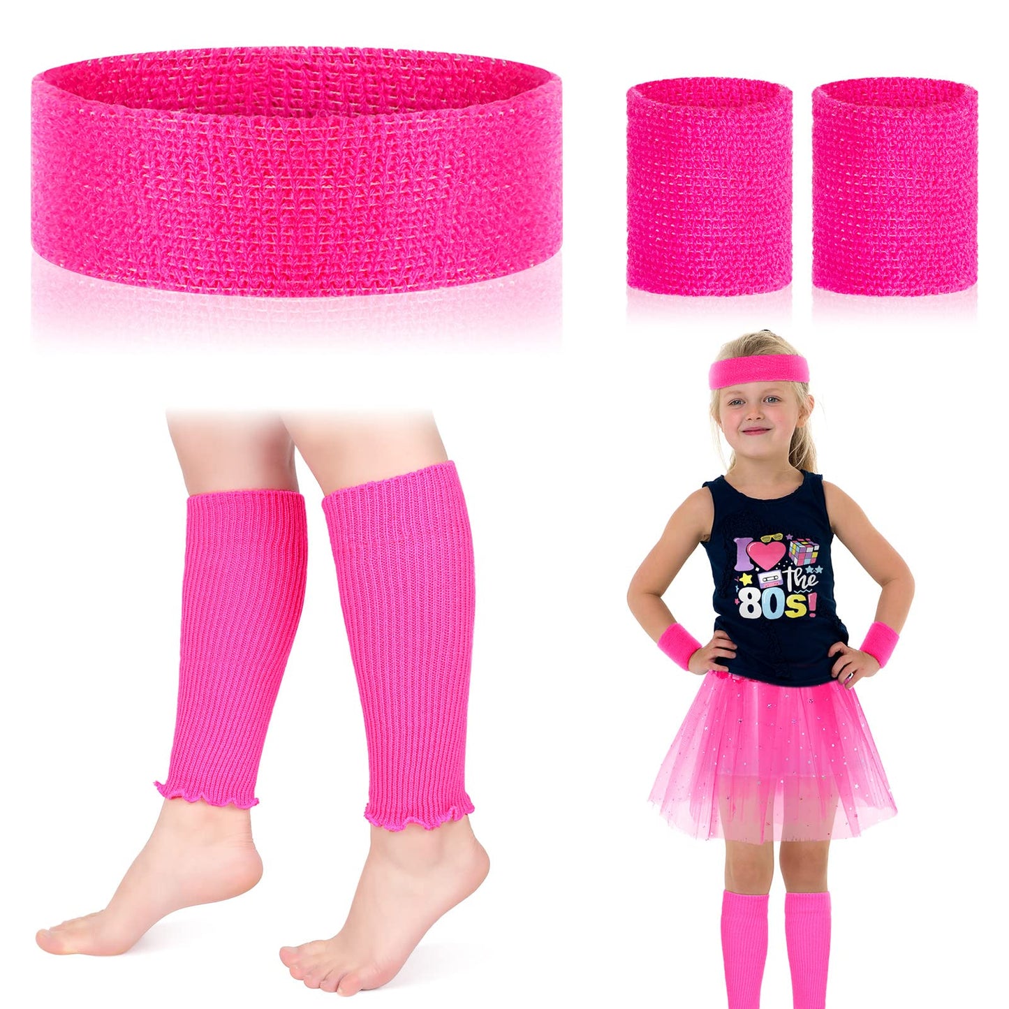 Sintege 80s Leg Warmer for Kid Girl Neon Leg Warmer Headband Wristband 1980s Fancy Accessory for Cosplay Party(Pink, Rose Red)