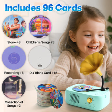 yimido Kids Phonograph Toddler Record Player, with 96 Learning Cards, Early Education Machine Record Player Music Box Storytelle